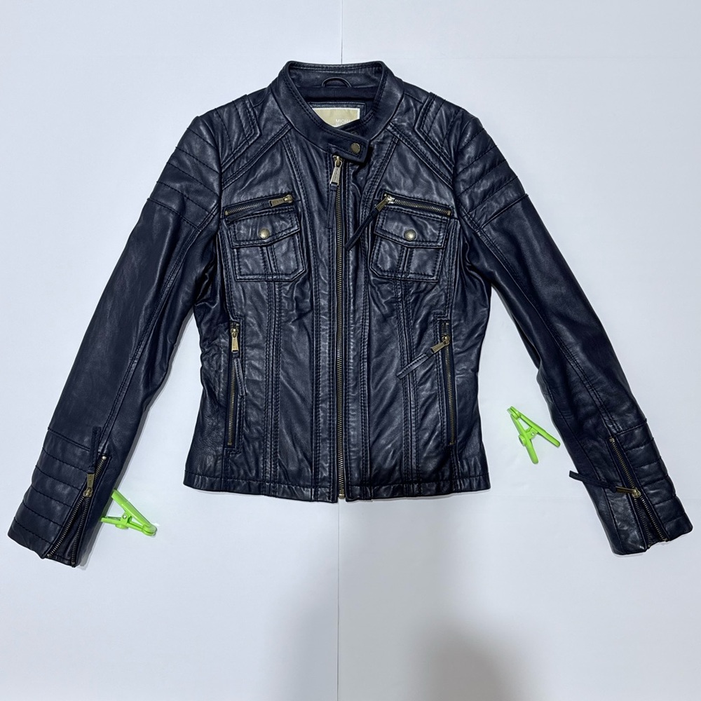 MICHAEL Michael Kors Navy Quilt Trim Leather Scuba Jacket Size S - Picture 5 of 16